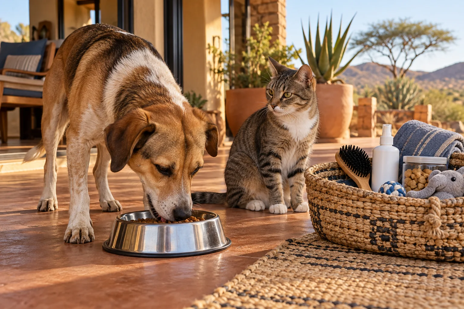 Anjing makan, kucing, dan perlengkapan perawatan di veranda