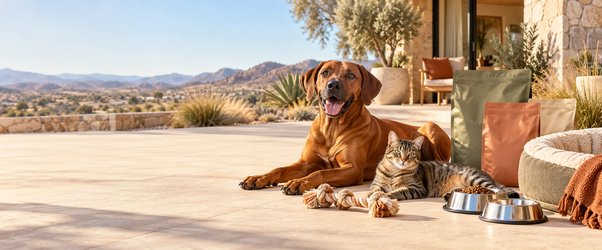 Anjing dan kucing sehat bersama perlengkapan mereka